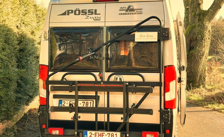 Ohmybuscamper! – Beautiful Pössl bus camper with bicycle carrier for electric bicycles