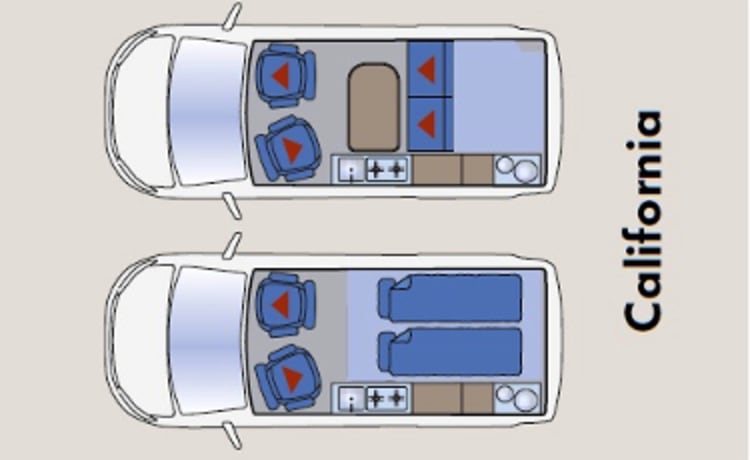 Blauw – Volkswagen T5 California Bus camper with pop-up roof.