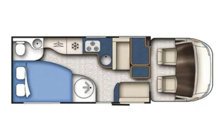 5p Burstner 726 Plus with single beds and electric fold-down bed