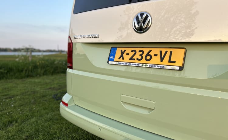 Olaf – Volkswagen Transporter T6 4-persoons retro-groen met slaaphefdak