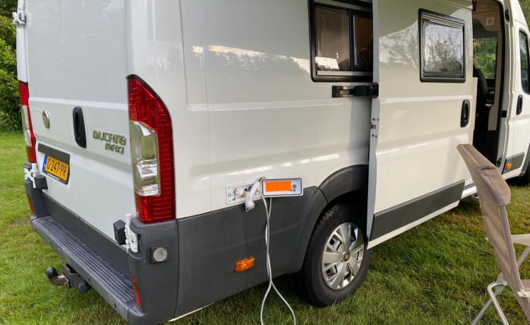 Autobus camper Fiat Ducato con sedili di lusso e un grande letto matrimoniale.