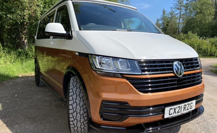 Camper per famiglie VW T6.1 vicino ai confini di Somerset, Devon e Dorset