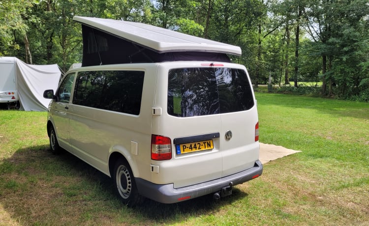 4-person Volkswagen with pop-up roof and long wheelbase for extra space