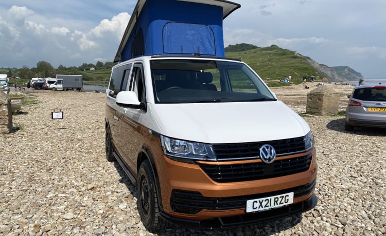 Camper per famiglie VW T6.1 vicino ai confini di Somerset, Devon e Dorset