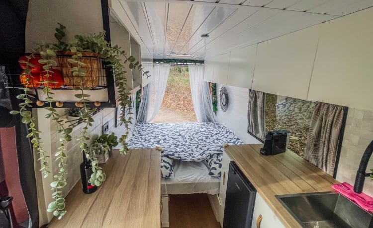 Orange – VW Crafter, camping-car hors réseau très spacieux, luxueux et confortable.