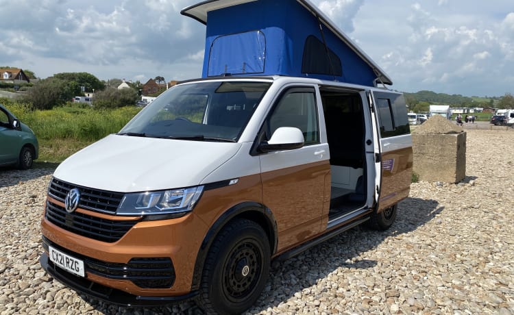 Camper per famiglie VW T6.1 vicino ai confini di Somerset, Devon e Dorset