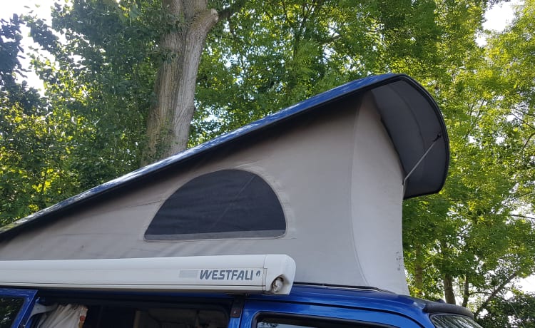 Fröhlicher Volkswagen Wohnmobil mit Hubdeck und ausziehbarem Bett für 2 Personen