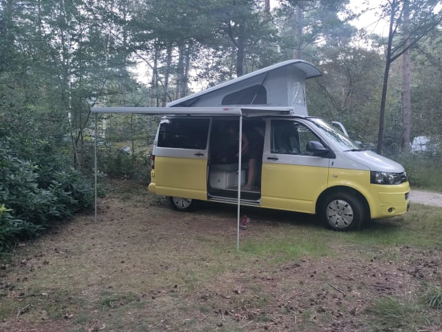 Summer yellow – 4 person campervan with cozy new Woodpecker installation