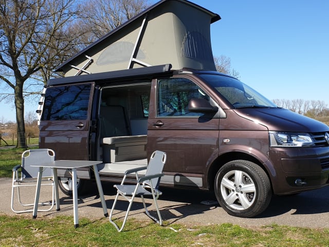 Bruin – Volkswagen T5 California Buscamper met Slaaphefdak. 