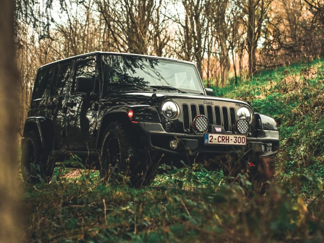 Overland jeep wrangler with equipment. 