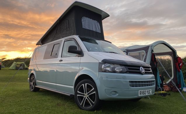 Remy – T5 VW (2010), White/Olive Green Pop-Top (LWB) from