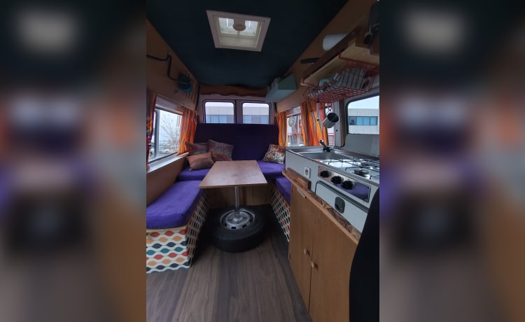 2 persoons Renault campervan uit 1995 – On an adventure with a cheerful disco camper!