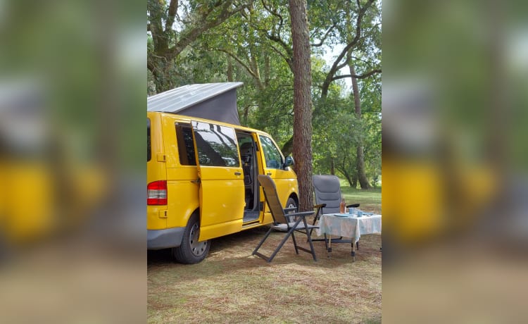 VW T5 yellow bus with modern interior