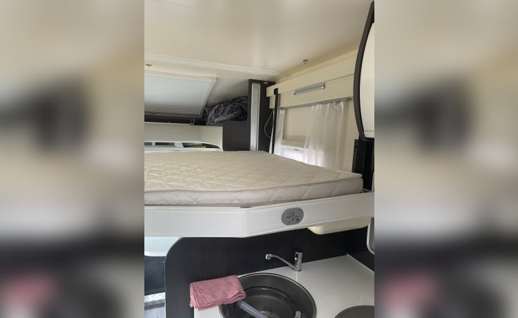 SYLVIA – Luxuriöses Wohnmobil mit 4 Schlafplätzen, feststehendem Kingsize-Bett und elektrischem Klappdoppelbett