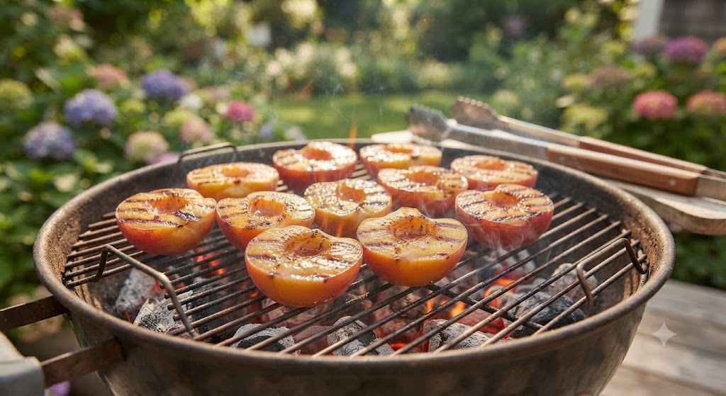 peaches inside the grill basket over the flames