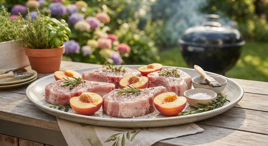 fresh pork chops and halved peaches ready for the grill