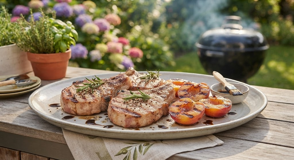 finished pork chops served with caramelized peaches
