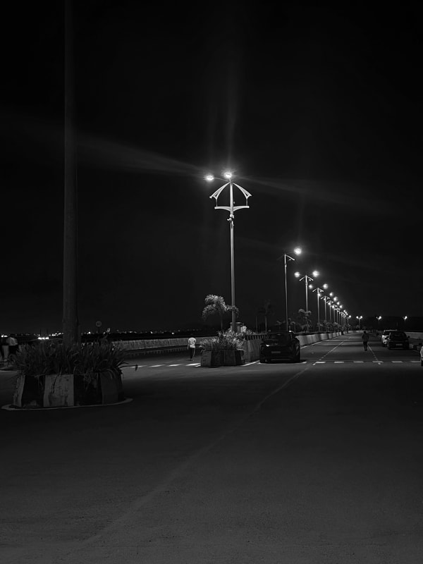 A seaside promenade at night, a row of streetlights receding into the distance past parked cars and planters, in black and white.