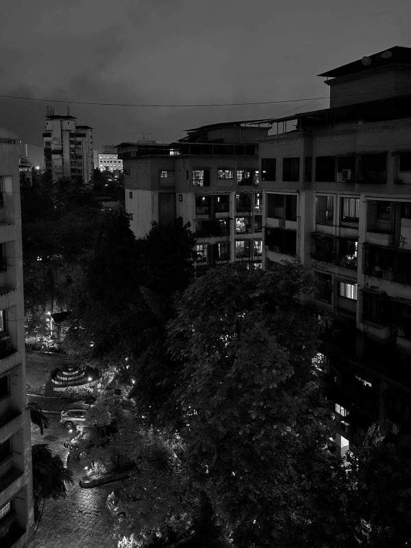 A night view over city apartment blocks with lit windows and treetops rising between the buildings, in black and white.