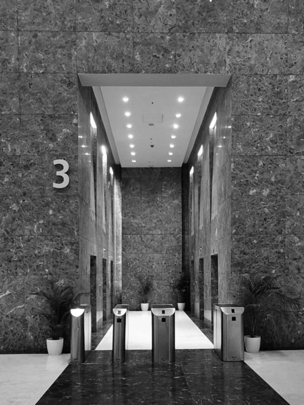 A marble corporate lobby with security turnstiles, potted palms and a large numeral three on the wall, in black and white.