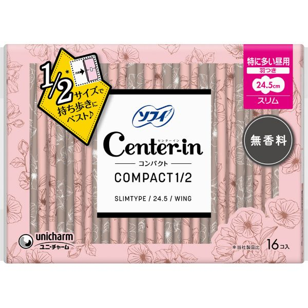 ユニ・チャーム センターインコンパクト1／2 無香料 特に多い昼用（羽つき）16コ入
