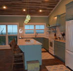The amazing reclaimed beadboard ceiling is like a work of art in the fully-stocked kitchen.