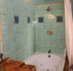 Master bath with jacuzzi tub, custom tile and tropical hardwoods