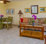 Comfortable living and dining area--Tropical decor and fan-queeen size sofa bed