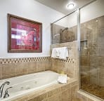 Jetted soaker tub is perfect for relaxing after a day of adventure.