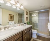 Master bath with walk-in shower. Quartz counter top with double sinks