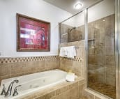 Jetted soaker tub is perfect for relaxing after a day of adventure.