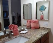 Master bath sink and dressing area. Granite counter and wood cabinets