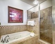 Jetted soaker tub is perfect for relaxing after a day of adventure.