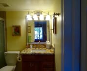 Master bath-shower, woode cabinet, custom framed mirror, grantite counter