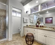 Master bath with double sinks, private water closet, granite counter, huge walk-in shower and large mirror.
