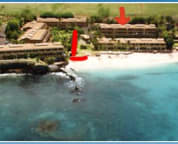 The red arrow show our condo location, the red mark on the left shows the beach path