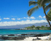 View from beach club toward the Mauna Lani Bay and Bungalow Hotel.