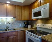 Look at the beautiful wood cupboards and the granite back splash. Good meals now