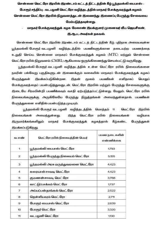 பூந்தமல்லி வடபழனி மெட்ரோ வழித்தடத்தில் MTC இணைப்பு பேருந்து சேவை தொடக்கம்!