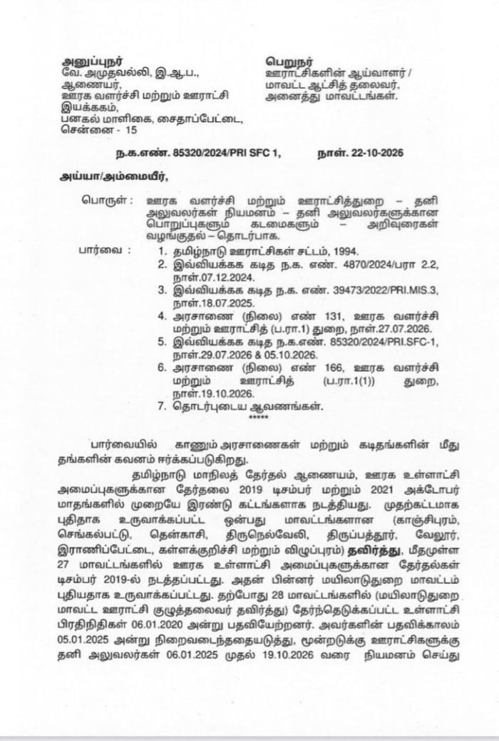 ஊராட்சிப் பிரதிநிதிகளின் பதவிக்காலம் நிறைவு கிராம ஊராட்சிகளுக்கு தனி அலுவலர்கள் நியமனம்!