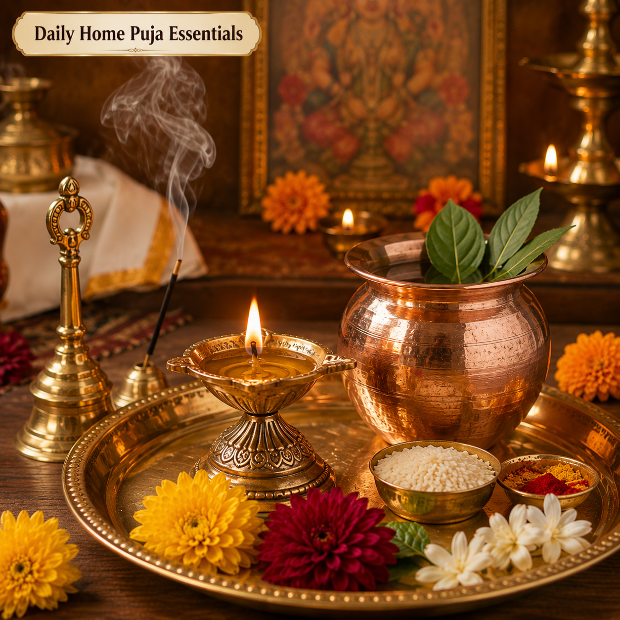 Sacred brass diya and puja thali set arranged for daily home worship