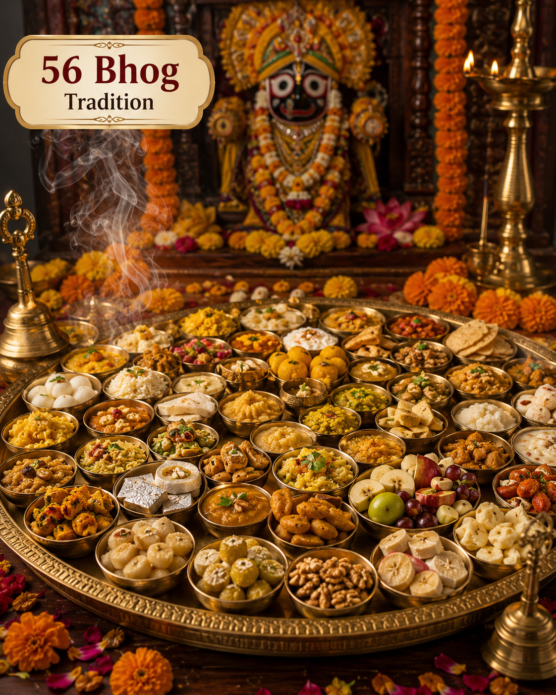Elaborate traditional Chhappan Bhog offering arranged in authentic brass bowls