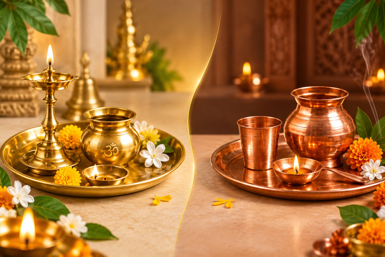 Handcrafted pure copper lota and brass kalash for Vedic puja abhishek