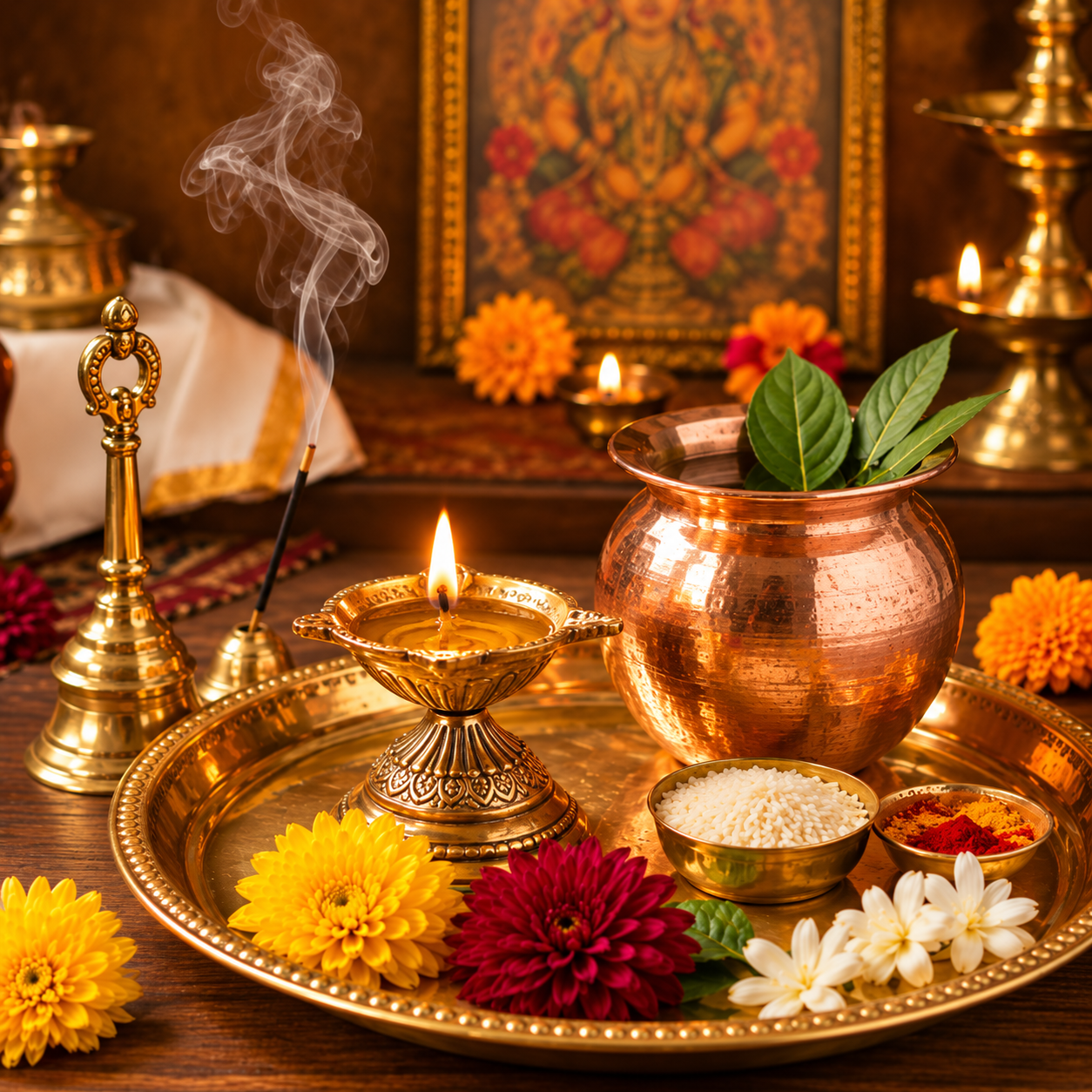 Sacred brass diya and puja thali set arranged for daily home worship