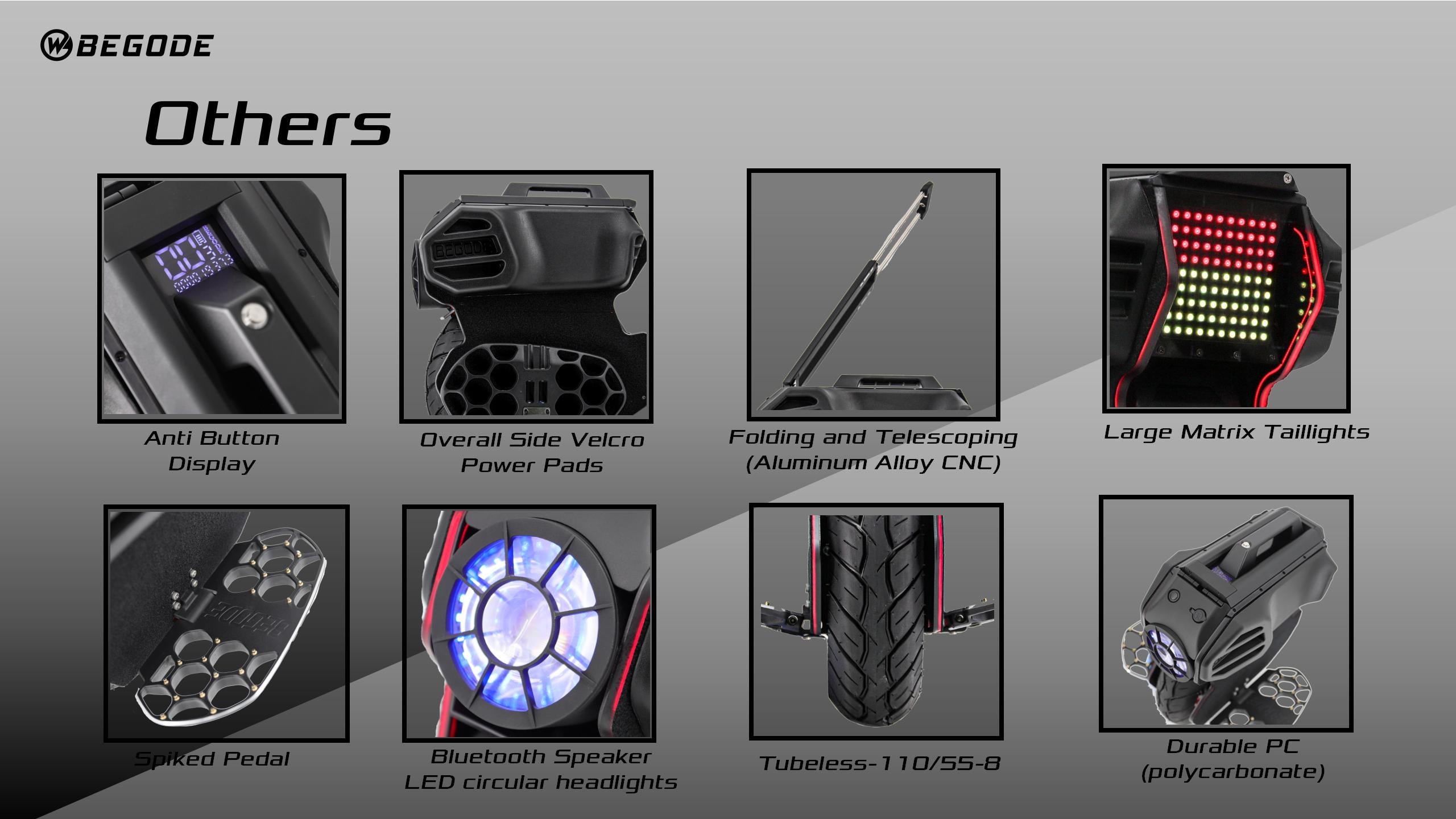 Chassis & Weight: Weighs a nimble 18.6 kg (41 lbs) and rolls on an 11-inch tubeless street tire.