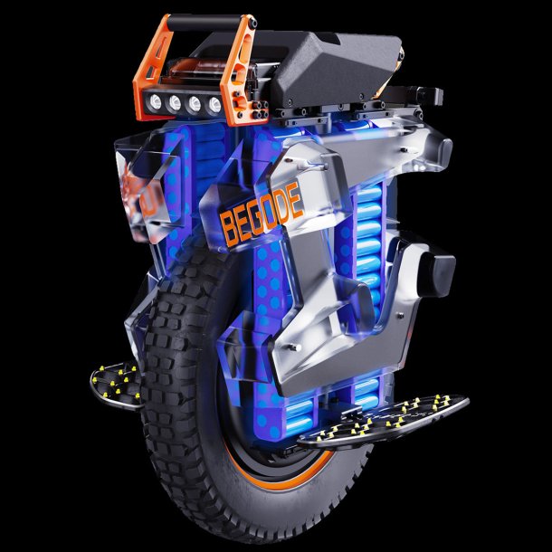 Voltage & Battery: 134.4V peak system utilizing a 2,400 Wh battery capacity. Production versions heavily feature high-discharge Samsung 50S cells and an integrated Smart BMS to eliminate high-speed voltage sag.
Motor Power: Equipped with a 3,500W nominal C40 High-Torque motor.
Speed Profile: Reaches a free-spin no-load speed of 110 km/h (69 mph), translating to a highly stable, real-world cruising top speed of 80 km/h (50 mph).
Chassis & Weight: Weighs roughly 35 kg (77 lbs), built around an entirely CNC-machined main body framework.
Waterproofing: Features Begode's upgraded multi-layered special waterproof sealing technology across the controller and battery chambers.
Long Usable Travel: Employs an air-oil or coil adjustable hydraulic damping shock providing a massive 130mm of suspension travel.
Structural Durability: Following early Batch 1 testing, Begode revised the suspension rod linkage, engineering a sturdier block-shaped mount designed to withstand 100+ cm drop-offs and high-flying skatepark jumps without bending.
High Ground Clearance: The pedal hangers sit significantly higher than urban commuter wheels, preventing the bottom chassis from clipping rocks, logs, or tree roots during technical trail maneuvers.
Stock Off-Road Tire: Ships on an 18-inch outer diameter frame fitted with a rugged 16" / 3.0-12 ETRTO knobby motorcycle-grade tire (such as the Na'vi or J802 carcass), offering predictable grip on muddy or loose soil.