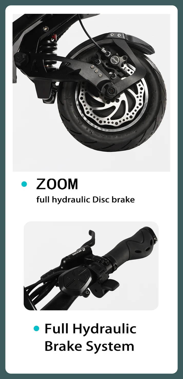 Tires: Massive 11x4 inch tubeless tires embedded with an internal puncture-resistant sealing gel layer to automatically patch small flats.