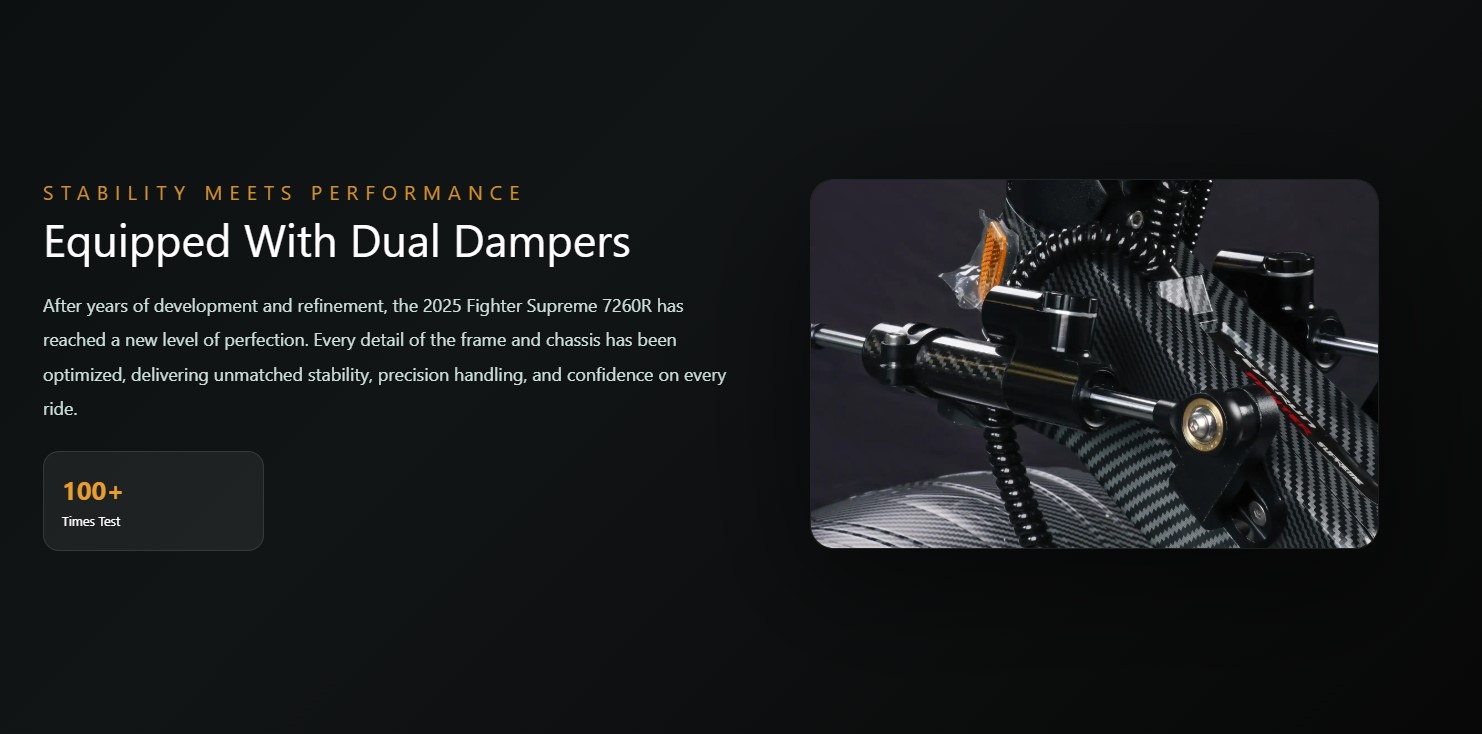 Ride Mechanics & Stability: Due to the monstrous torque, the V3 comes standard with a dual steering damper system to eliminate dangerous speed wobbles at high velocities. It relies on adjustable C-type hydraulic suspension and Traction Control Systems (TCS) to maintain road grip.