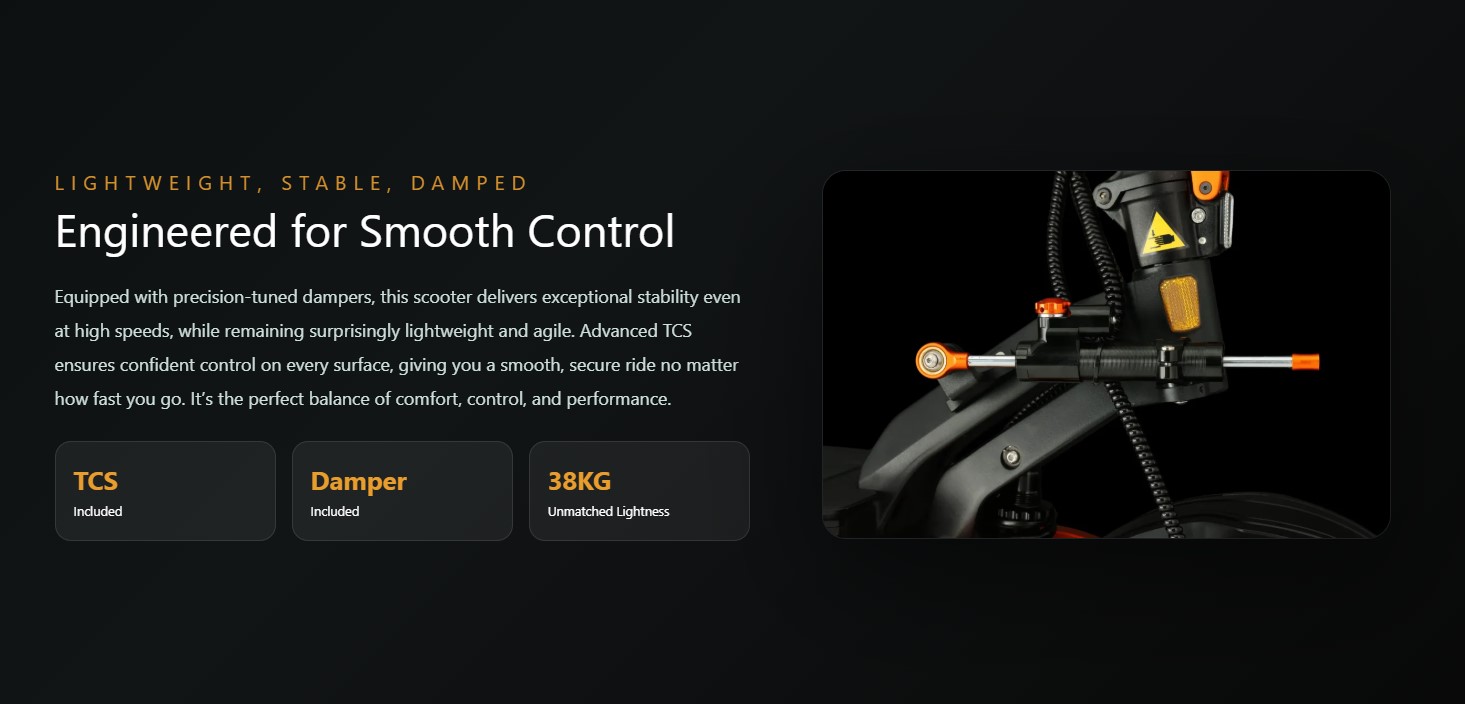 Enhanced Stability: Standard inclusion of a factory steering damper and a Traction Control System (TCS) to prevent high-speed wobbles and maintain effortless control.