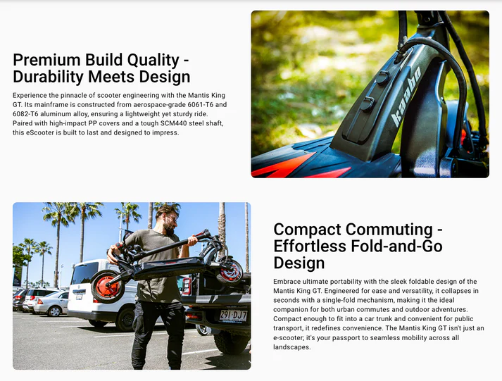 Adjustable Hydraulic Suspension: Features custom dial-adjustable motorcycle-grade hydraulic shock absorbers. Riders can customize both pre-load and rebound damping to adjust for road or off-road conditions.